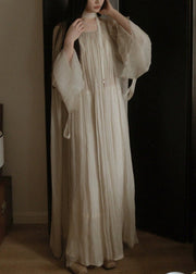 Elegant White Solid Wrinkled Silk Cotton Long Dress Flare Sleeve