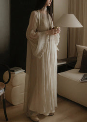 Elegant White Solid Wrinkled Silk Cotton Long Dress Flare Sleeve