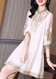 Elegant White Stand Collar Lace Patchwork Silk Maxi Dress Spring