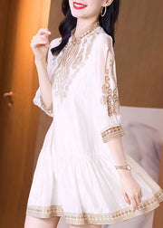 Elegant White Stand Collar Lace Patchwork Silk Maxi Dress Spring