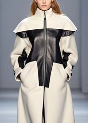 Elegant White Stand Collar Patchwork Woolen Trench Fall