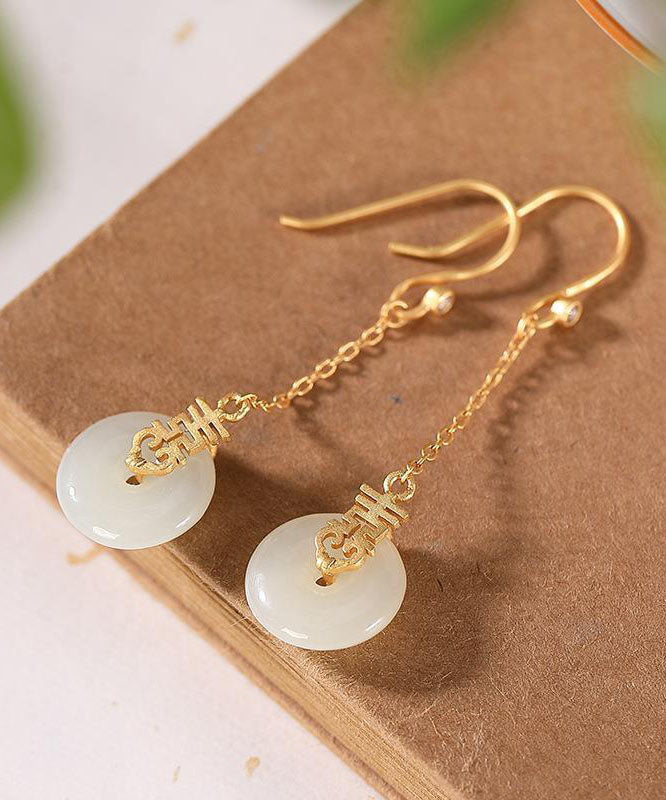 Elegant White Sterling Silver Ancient Gold Jade Zircon Ping Buckle Drop Earrings