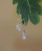 Elegant White Sterling Silver Overgild Inlaid Pearl Zircon Leaf Drop Earrings