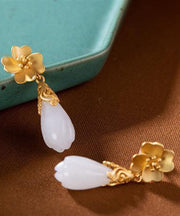 Elegant White Sterling Silver Overgild Jade Orchid Drop Earrings