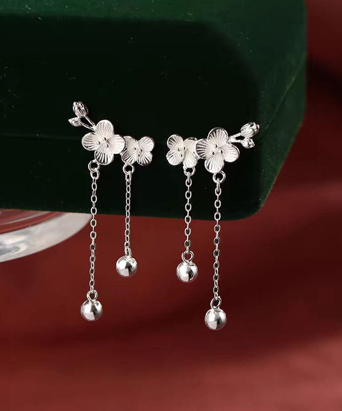 Elegant White Sterling Silver Plum Blossom Tassel Drop Earrings