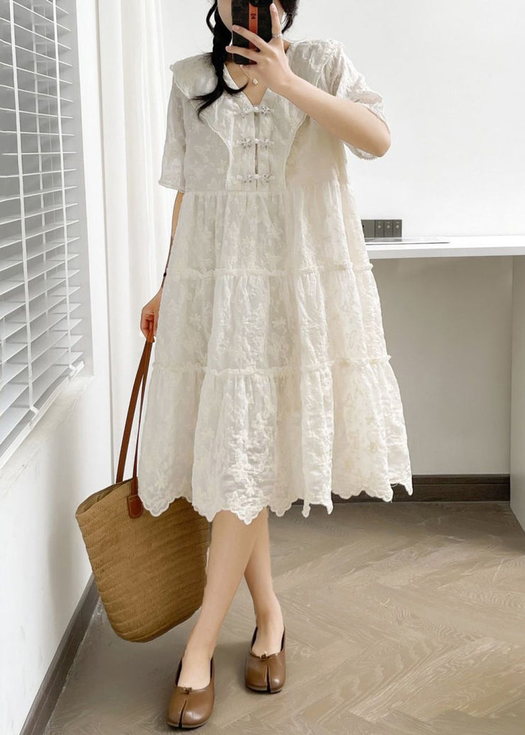 Elegant White V Neck Button Ruffled Cotton Dress Summer