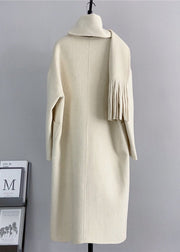 Elegant White V Neck Pockets Scarf Woolen Coat Winter