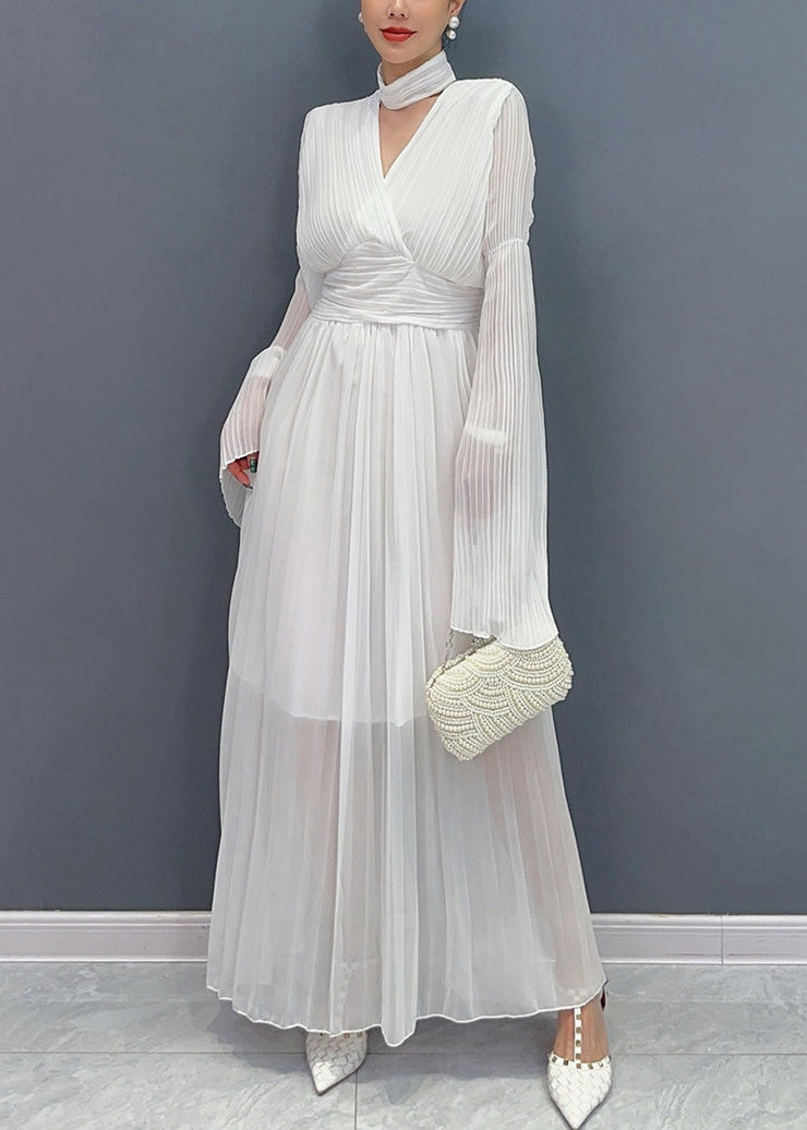 Elegant White V Neck Solid Chiffon Long Dresses Fall