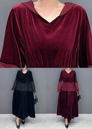 Elegant Wine Red Ruffled Lace Up Patchwork Velour Long Dresses Fall