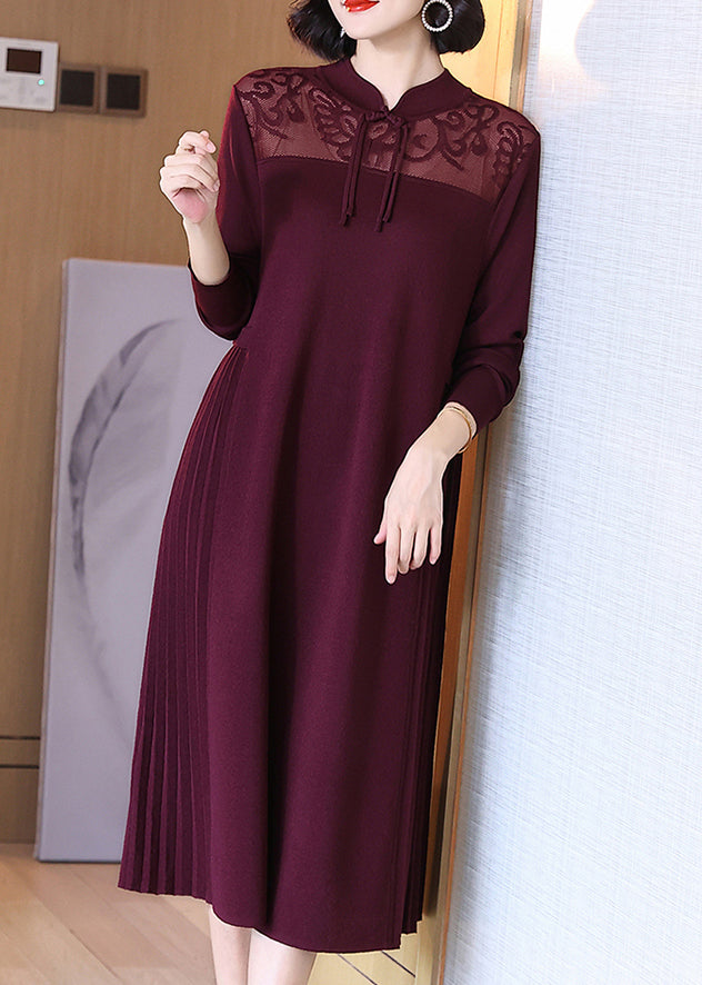 Elegant Wine Red Stand Collar Button Cotton Knit Dresses Spring