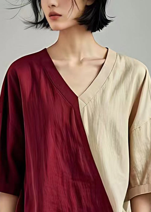 Elegant Wine Red V Neck Asymmetrical Linen Top Batwing Sleeve