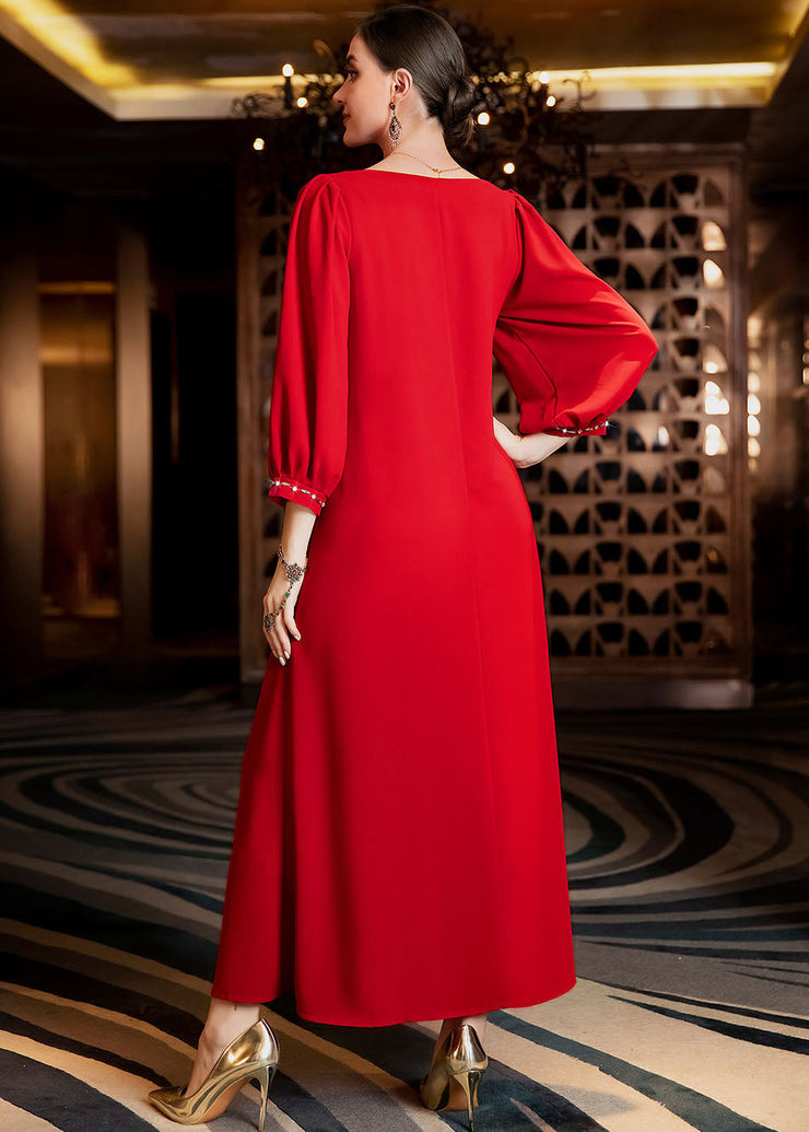 Elegant Wine Red V Neck Patchwork Zircon Chiffon Maxi Dress Long Sleeve