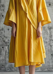 Elegant Yellow Asymmetrical Cotton Day Dress Fall