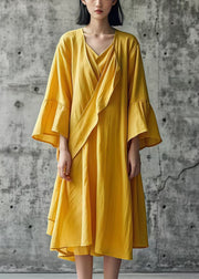 Elegant Yellow Asymmetrical Cotton Day Dress Fall