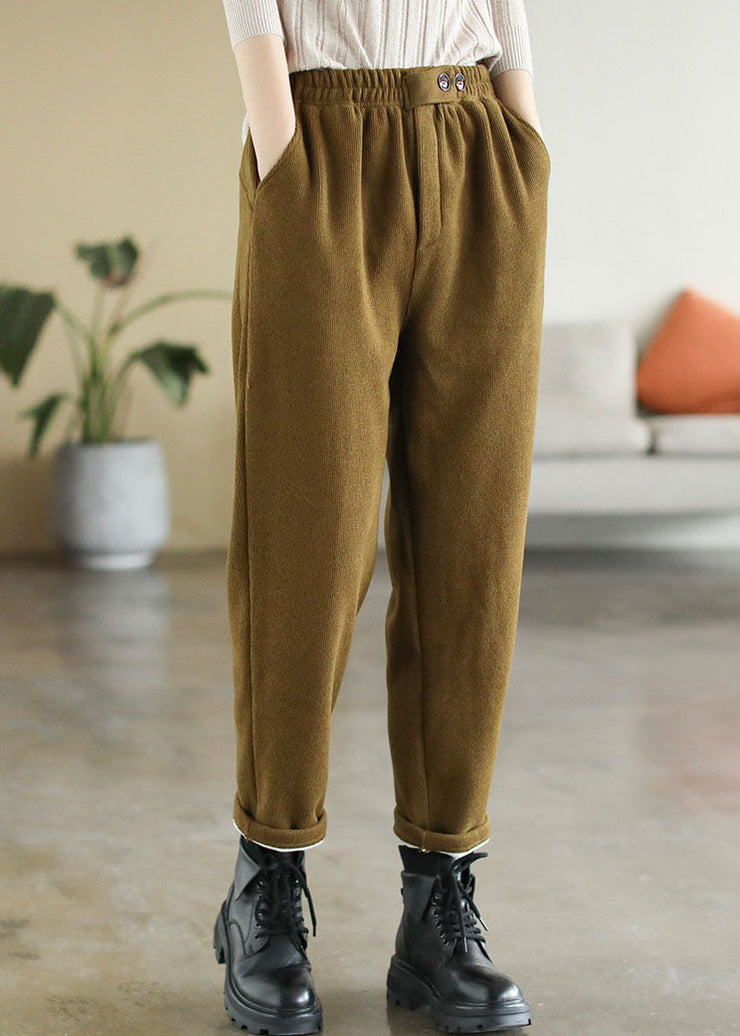 Elegant Yellow Elastic Waist Pockets Warm Fleece Corduroy Pants Winter