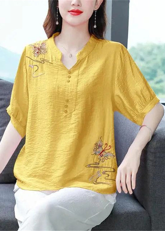 Elegant Yellow Embroidered Solid Cotton Blouse Summer