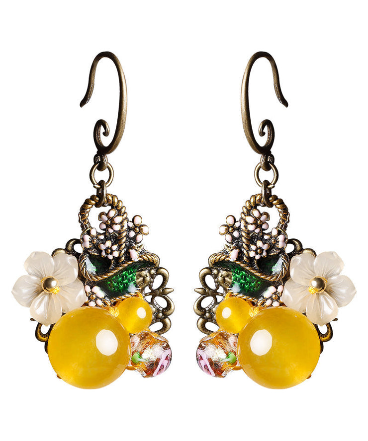 Elegant Yellow Floral Copper Drop Earrings