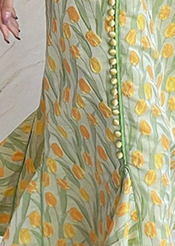 Elegant Yellow Green Embroidered Button Silk Maxi Dresses Fall