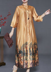 Elegant Yellow Hollow Out Print Wrinkled Silk Shirt Dresses Summer