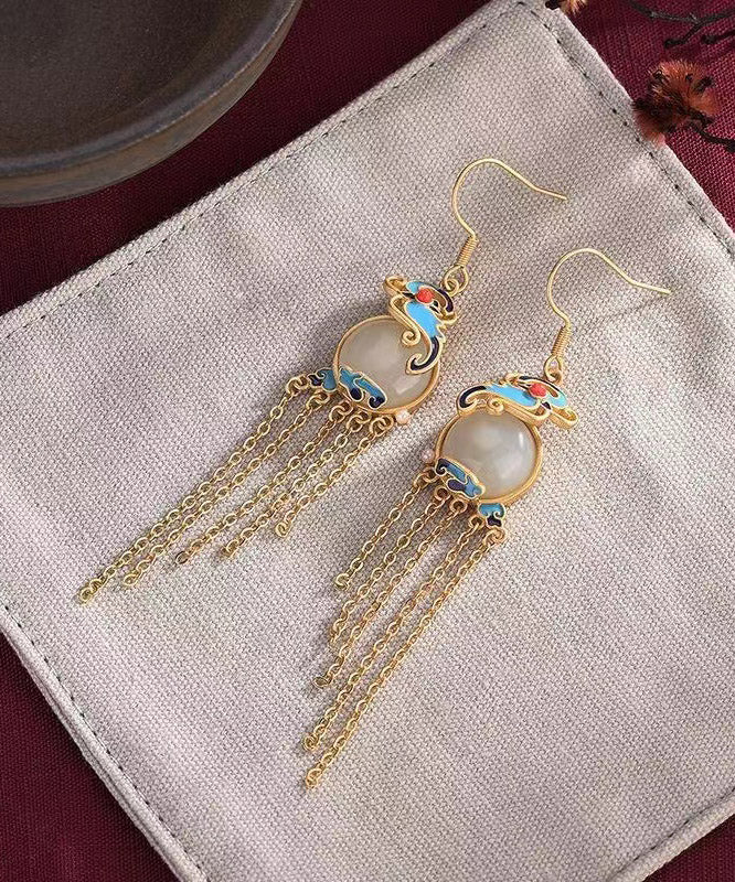 Elegant Yellow Jade Cloisonne Gem Stone Butterfly Tassel Drop Earrings