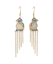 Elegant Yellow Jade Cloisonne Gem Stone Butterfly Tassel Drop Earrings