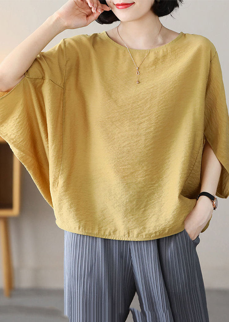 Elegant Yellow O-Neck Oversized Linen Shirt Top Batwing Sleeve