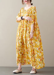 Elegant Yellow O-Neck Patchwork Cozy Long Dresses Short Sleeve