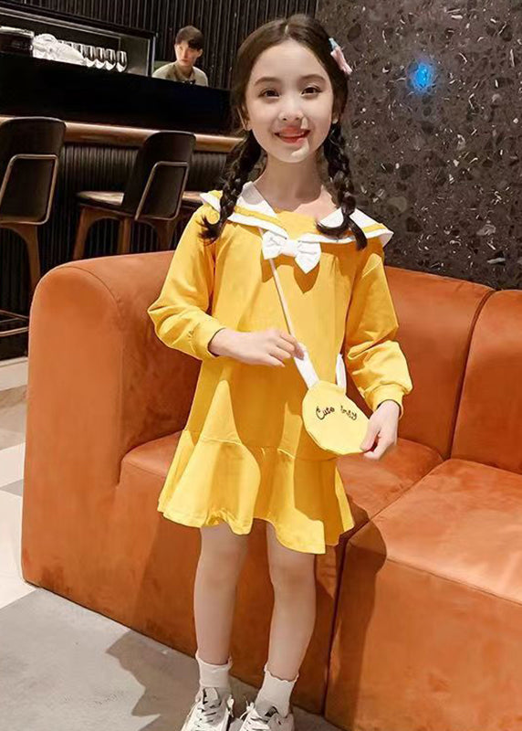 Elegant Yellow O-Neck Patchwork Girls A Line Mid Dress Long Sleeve