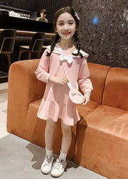 Elegant Yellow O-Neck Patchwork Girls A Line Mid Dress Long Sleeve