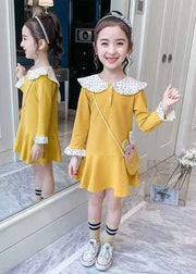 Elegant Yellow O-Neck Patchwork Girls A Line Mid Dress Long Sleeve