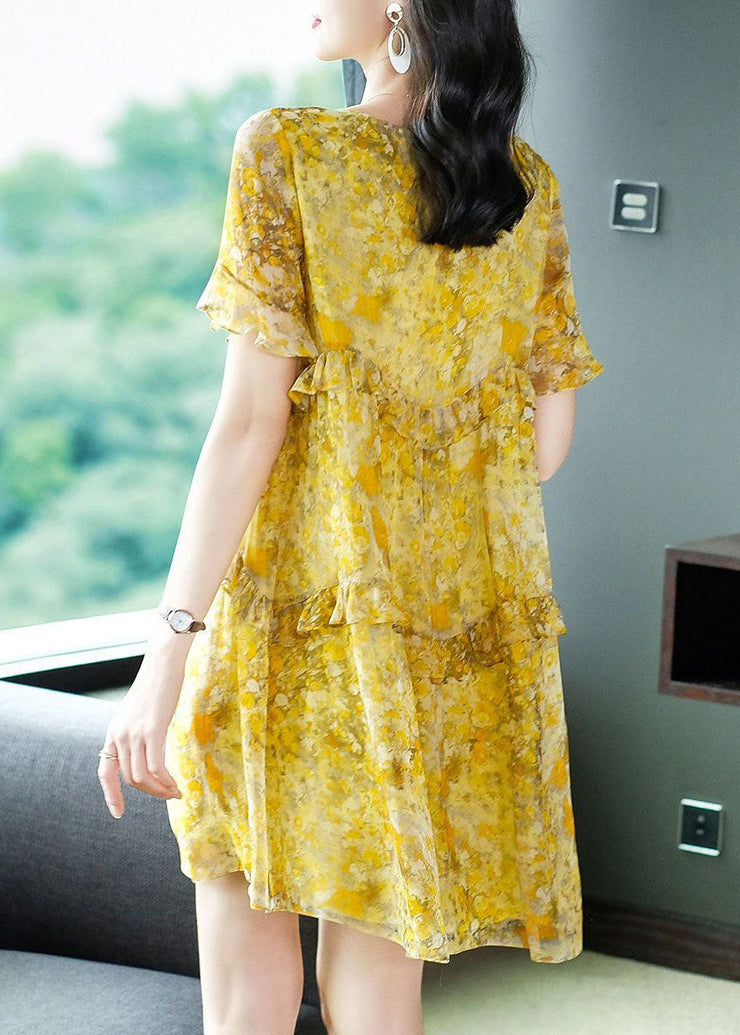 Elegant Yellow O-Neck Patchwork Ruffles Print Chiffon Holiday Dress Summer