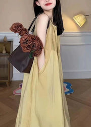 Elegant Yellow O Neck Pockets Cotton Long Dress Sleeveless