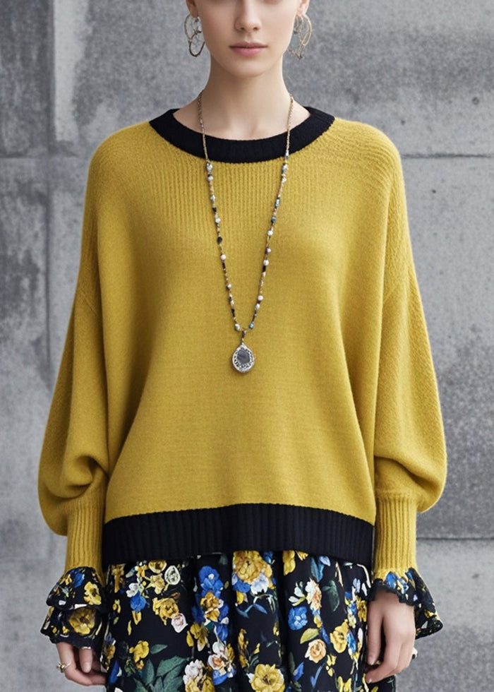 Elegant Yellow Oversized Patchwork Knit Sweaters Fall