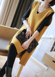 Elegant Yellow Oversized Side Open Knit Long Vests Sleeveless