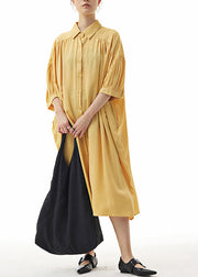 Elegant Yellow Peter Pan Collar Button Holiday Long Shirts Dress Summer