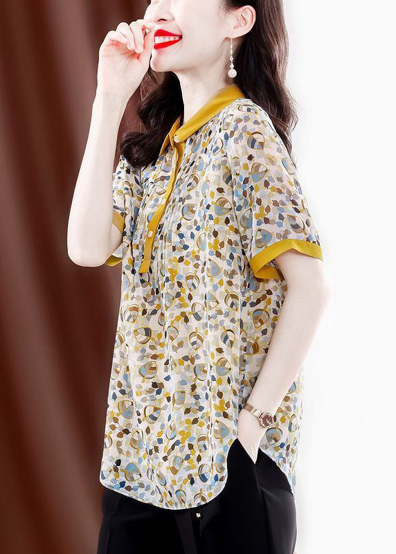 Elegant Yellow Peter Pan Collar Print Wrinkled Chiffon Blouses Summer