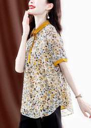 Elegant Yellow Peter Pan Collar Print Wrinkled Chiffon Blouses Summer