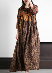 Elegant Yellow Print Wrinkled Silk Long Dress Summer