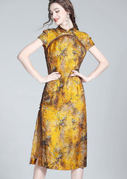 Elegant Yellow Stand Collar Patchwork Side Open Silk Dress Summer