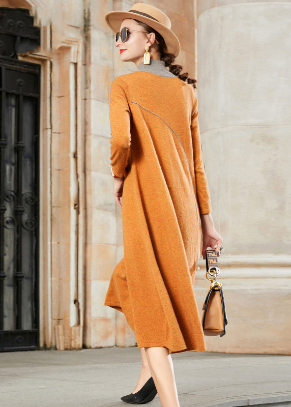 Elegant Yellow Stand Collar Patchwork Woolen Dresses Fall