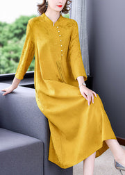 Elegant Yellow Stand Collar Tassel Button Silk Long Dresses Long Sleeve