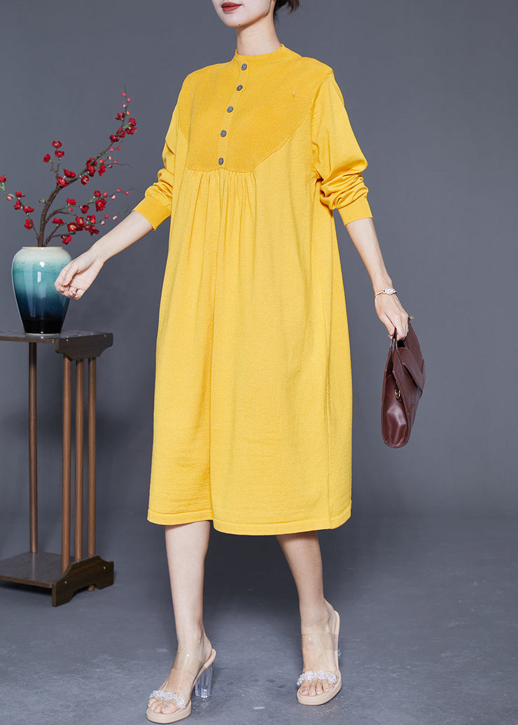 Elegant Yellow Stand Collar Wrinkled Knit Long Dress Spring