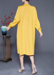 Elegant Yellow Stand Collar Wrinkled Knit Long Dress Spring