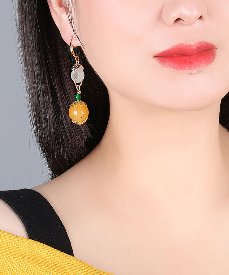 Elegant Yellow Sterling Silver Overgild Jade Drop Earrings