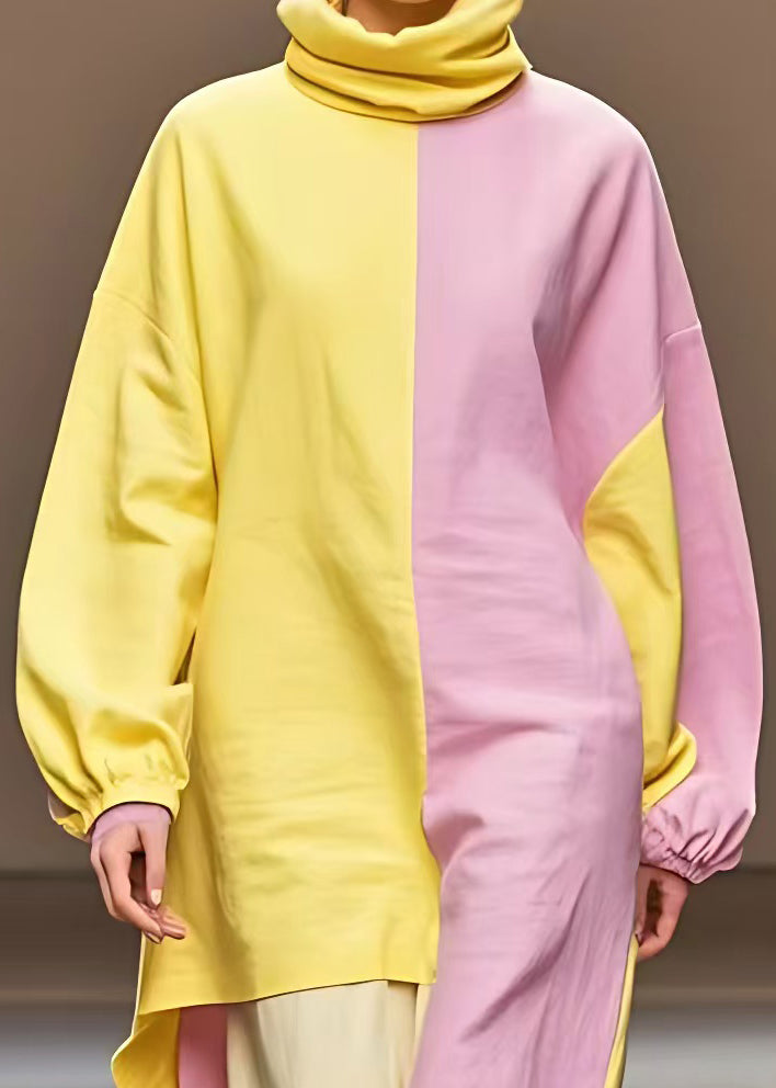 Elegant Yellow Turtleneck Asymmetrical Cotton Dress Long Sleeve