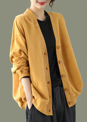 Elegant Yellow V Neck Button Patchwork Warm Fleece Sweatshirt Coat Fall