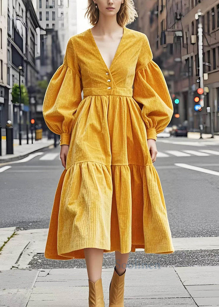 Elegant Yellow V Neck Exra Large Hem Corduroy Dresses Lantern Sleeve