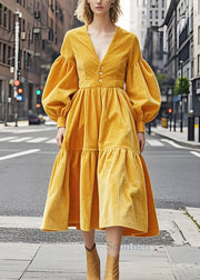 Elegant Yellow V Neck Exra Large Hem Corduroy Dresses Lantern Sleeve