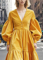 Elegant Yellow V Neck Exra Large Hem Corduroy Dresses Lantern Sleeve