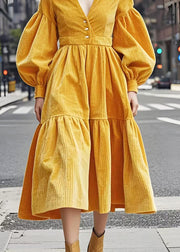 Elegant Yellow V Neck Exra Large Hem Corduroy Dresses Lantern Sleeve